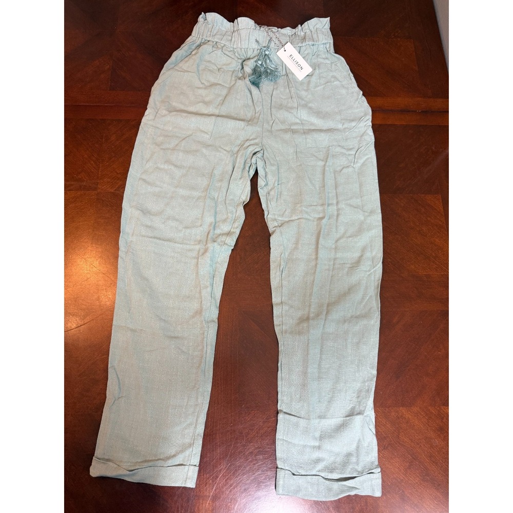 Women Trouser Pants Tasseled Stretch Waist Green Sage Ellison LARGE